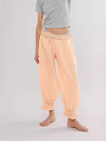 Women Striped Casual Pants Ruffle Hem Seersucker Texture Elastic High Waist Wide Leg Trousers With Pockets Polyester Spandex