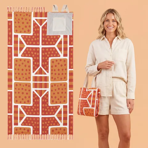 Bohemian Geometric Patterned Beach Towel Bag With Tassels Foldable Jacquard Polyester Beach Blanket For Travel Outdoor Pool