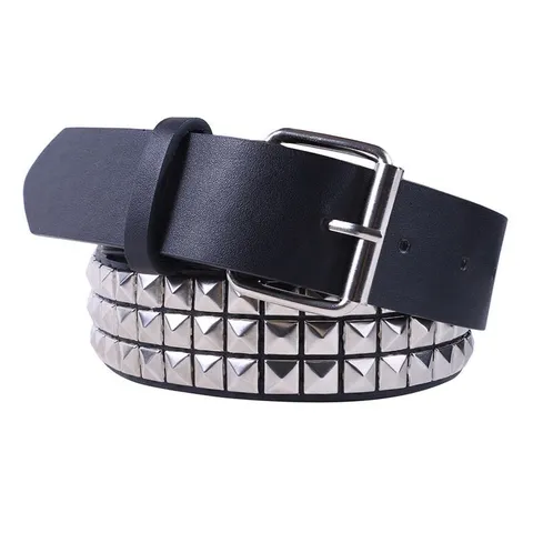 Cintura in Pelle PU Punk con 3 File di Borchie a Piramide Quadrata per Uomo Donna Stile Rock Street Nightclub Fibbia Quadrata Decorativa
