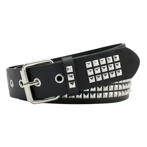 Cintura da Donna in Pelle PU Stile Punk Borchie a Piramide Quadrate Fibbia ad Ardiglione in Ferro Decorata con Occhielli per Jeans