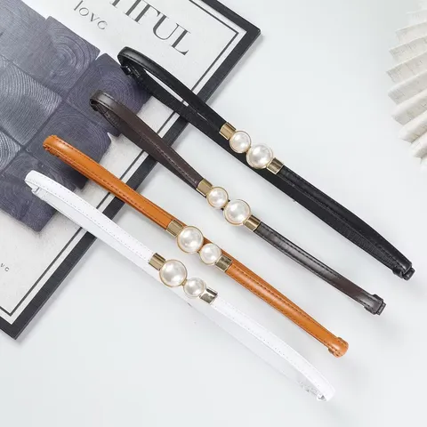 Cintura Sottile in Pelle PU da Donna Perla Artificiale Fibbia in Metallo Abito Elegante Camicia Maglione Cintura Decorativa