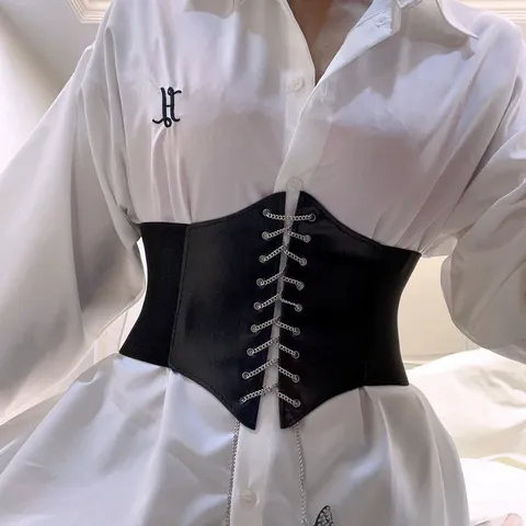 Cintura Corsetto in Finta Pelle Vintage da Donna Cintura Elastica Larga Stringata Retro Catena in Metallo Ciondoli Farfalla per Abiti Accessori