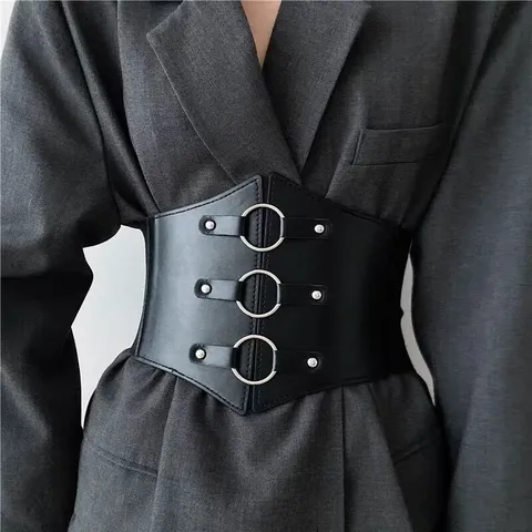 Cintura a Corsetto Larga da Donna in Pelle PU Fascia Elastica Elastica Con Anelli di Metallo Rivetto Per Abito Completo