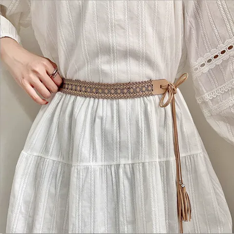 Cintura Intrecciata Fatta a Mano Stile Etnico Retrò Pelle PU Catena in Vita Accessori per Abiti Con Nappe Fiocco Per Donne