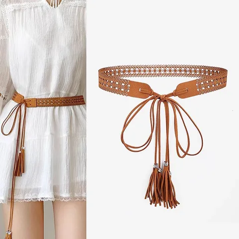 Cintura Intrecciata Fatta a Mano Stile Etnico Retrò Pelle PU Catena in Vita Accessori per Abiti Con Nappe Fiocco Per Donne