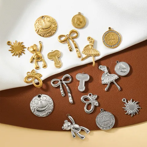 Stainless Steel Pendant DIY Jewelry Accessories Gold Silver Plated Bear Bow Sun Ballerina Coin Medal Heart Alphabet Pendant Charms For Necklace Making Handmade