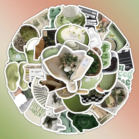Pack de Stickers Vintage Esthétiques Verts Autocollants PVC Imperméables Petits Objets Pour Journal DIY Album Souvenir Boîte de Rangement Décor