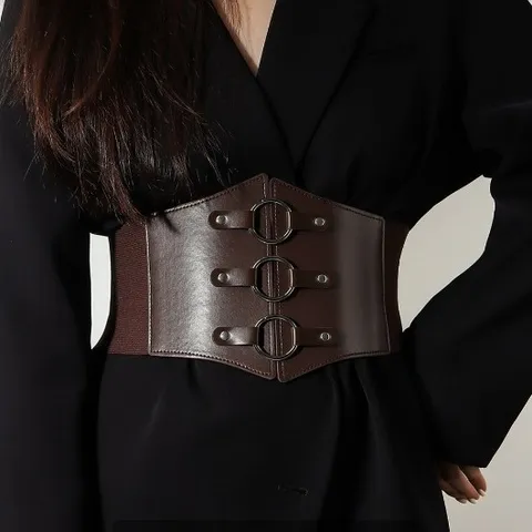 Cintura a Corsetto Larga da Donna in Pelle PU Fascia Elastica Elastica Con Anelli di Metallo Rivetto Per Abito Completo