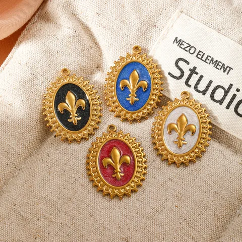 Stainless Steel Fleur-de-lis Enamel Oval Pendant Charm Gold Plated Retro Jewelry Accessory For Necklace Bracelet DIY Making