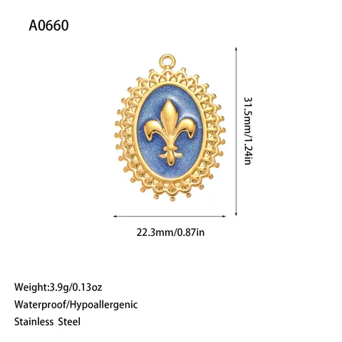 Stainless Steel Fleur-de-lis Enamel Oval Pendant Charm Gold Plated Retro Jewelry Accessory For Necklace Bracelet DIY Making