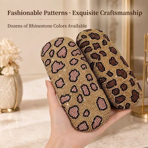 Elegantes Strass Leopard Muster Brillenetui Tragbare Hartschale Handgefertigte Brillen Aufbewahrungsbox Für Damen Mädchen Leichter Brillenschutz