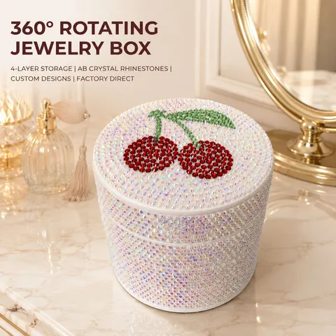 Rotating Jewelry Storage Box Dustproof Cosmetic Organizer With Cherry Pattern Rhinestone Desktop Storage Box For Women