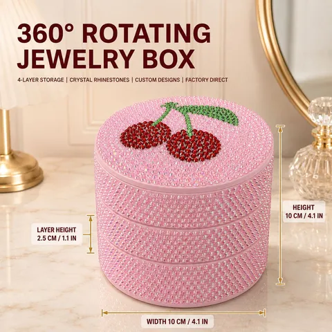 Rotating Jewelry Storage Box Dustproof Cosmetic Organizer With Cherry Pattern Rhinestone Desktop Storage Box For Women