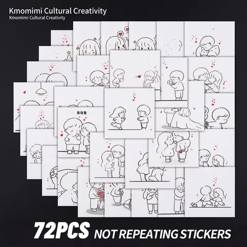 72 Pcs Couple Daily Illustration Stickers Cartoon Creative Black White Heart DIY Stickers For Journal Notebook Laptop Phone Case Decor