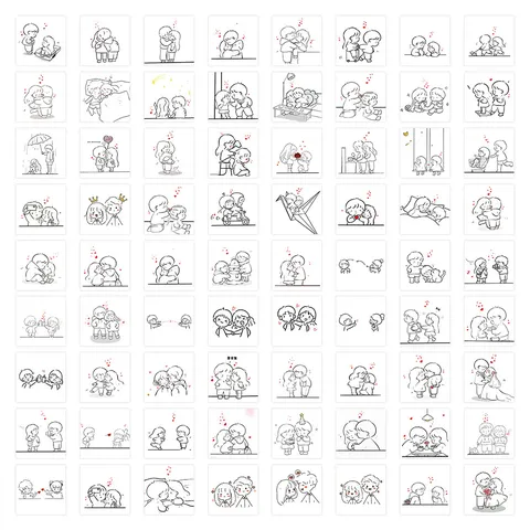 72 Pcs Couple Daily Illustration Stickers Cartoon Creative Black White Heart DIY Stickers For Journal Notebook Laptop Phone Case Decor
