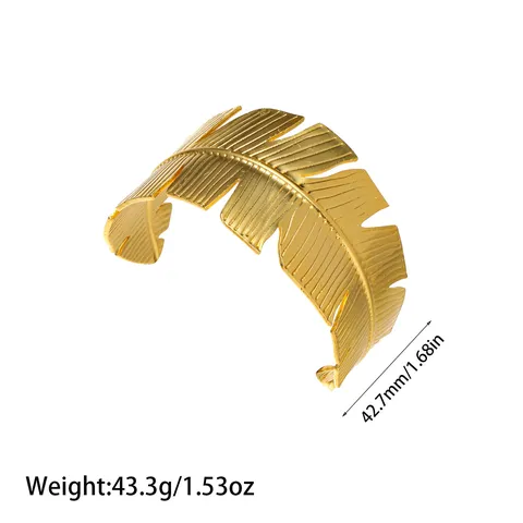 Stainless Steel Leaf Feather Open Cuff Bangle For Women 18K Gold Plated Commuting Versatile Jewelry Wide Metal Bracelet