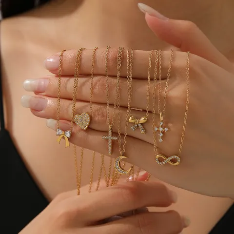 Gold Plated Stainless Steel Rhinestone Pendant Necklace For Women Heart Cross Moon Bow Knot Infinity Symbol Fashion Jewelry Gift