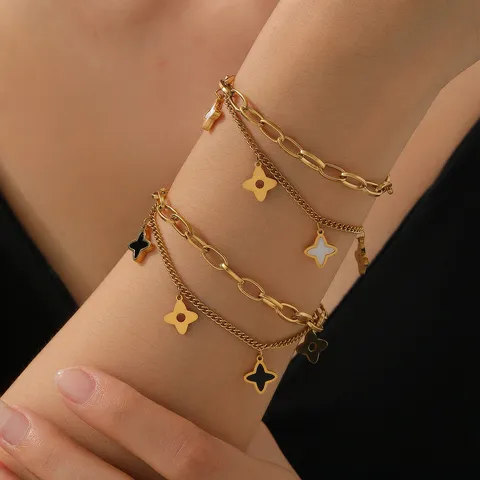 Bracciale a Stella a Doppio Strato da Donna Bracciale in Acciaio Inossidabile Placcato Oro con Intarsio di Stella Trifoglio e Conchiglia