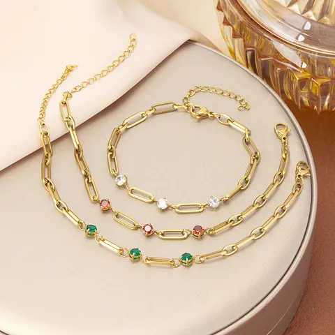 Juego de Pulseras de Lujo de Circonia Dorada para Mujer Cadena de Clip de Acero Inoxidable de Titanio Joyería de Moda