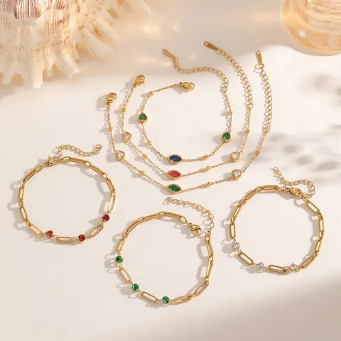 Juego de Pulseras de Lujo de Circonia Dorada para Mujer Cadena de Clip de Acero Inoxidable de Titanio Joyería de Moda