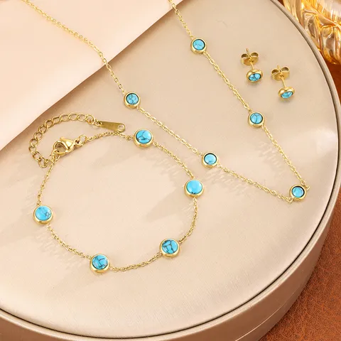 Set di Collana Bracciale Orecchini in Acciaio al Titanio con Turchese Lusso Leggero Tondo Geometrico Placcato Oro Gioielli Moda Donna