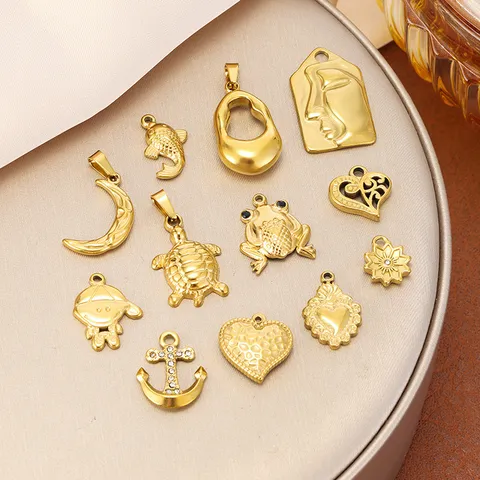 Gold Titanium Steel Pendants Ocean Style Frog Turtle Moon Heart Abstract Face DIY Charms For Jewelry Making Bracelet Necklace Accessories