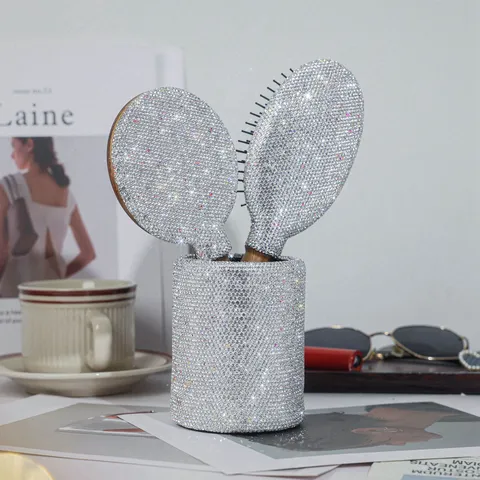 Luxus Holz Strass Kosmetikspiegel Luftkissen Haarbürste Und Aufbewahrungsbehälter Set Make-up Frisiertisch Organizer Schönheitswerkzeuge