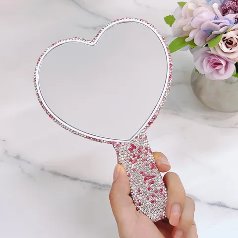 Espejo de Maquillaje de Mano Portátil Cristal Strass Corazón Redondo Cuadrado Espejo Cosmético con Marco ABS