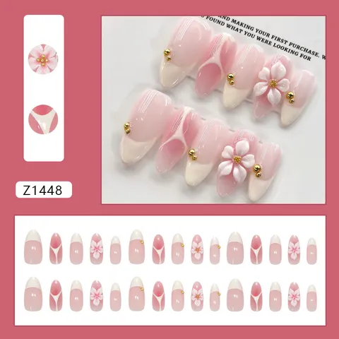 3D Bloem Franse Crème Kunstnagels Middellang Amandelvorm ABS Kunststof Manicure Set Voor Vrouwen Dagelijks Feest Elegant DIY Nagelkunst