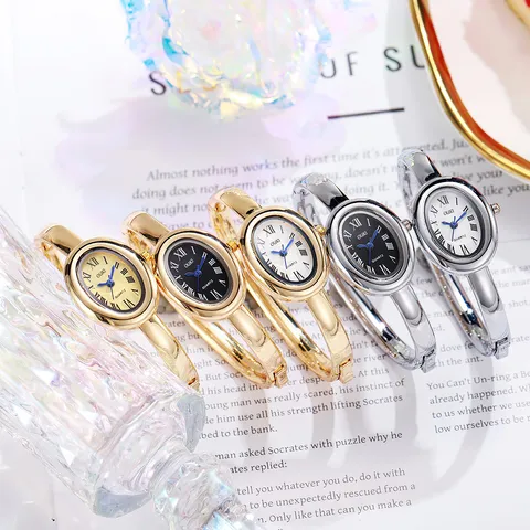 Women Quartz Watch Luxury Oval Bangle Watch Roman Numeral Dial Alloy Rhinestone Fashion Ladies Wristwatch