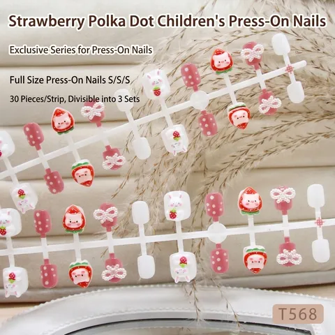 Handmade Sweet Strawberry Rabbit Pattern Press On Nails Kids Polka Dot Bowknot Removable False Nails Cute Manicure Decoration