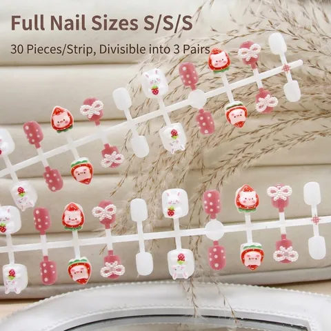Handmade Sweet Strawberry Rabbit Pattern Press On Nails Kids Polka Dot Bowknot Removable False Nails Cute Manicure Decoration