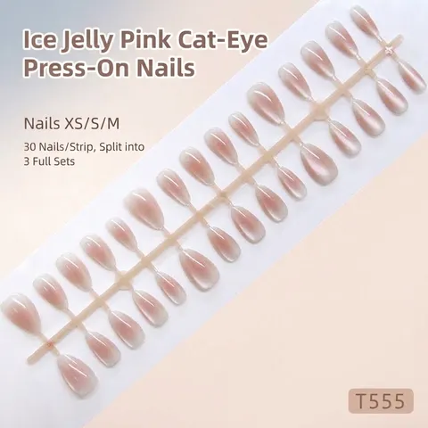 Handmade Cat Eye Blush Gradient Pink Ice Through Press On Nails Removable Glossy False Nails For Women Professional Salon Style