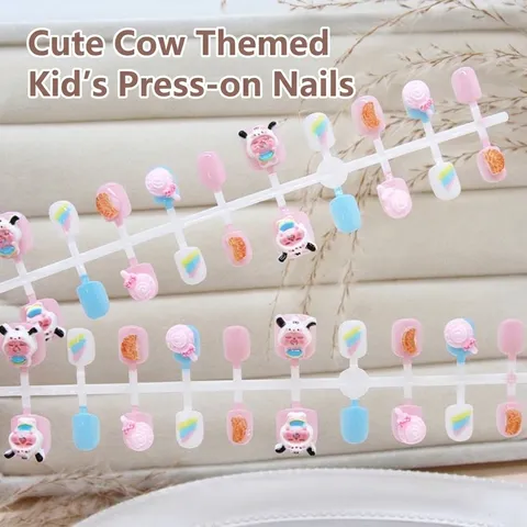 Handmade Children Press On Nails Cute Cartoon Cow Orange Candy Patterns Sweet Artificial Fake Nails For Kids Girls Nail Art Decor