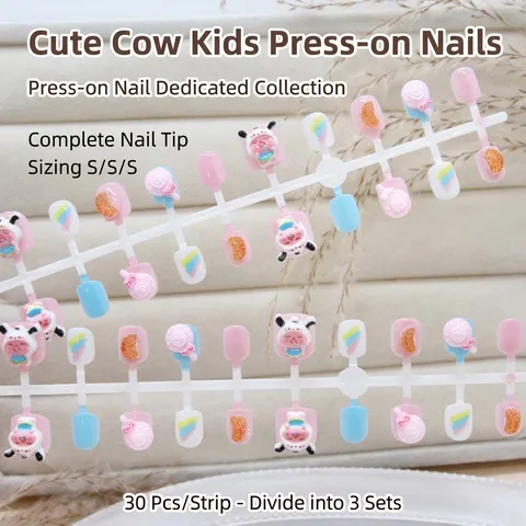 Handmade Children Press On Nails Cute Cartoon Cow Orange Candy Patterns Sweet Artificial Fake Nails For Kids Girls Nail Art Decor