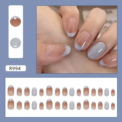 Faux Ongles à Presser Bleu Laiteux Dégradé Français Pois Amovibles en Plastique ABS pour Femmes Manucure d'Été Avec Colle