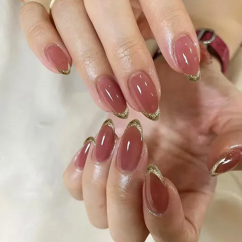 Simple Glossy Rose Pink Almond Press On Nails Gold Glitter French Tips False Nails Elegant Detachable Glue On Nails For Women