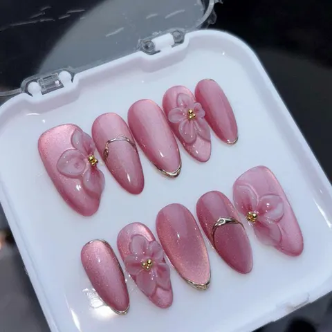 3D Katzenauge Rosa Lila Blume Nägel Zum Aufdrücken Goldfolie Französische Linie Abnehmbare Maniküre Falsche Nägel Für Damen