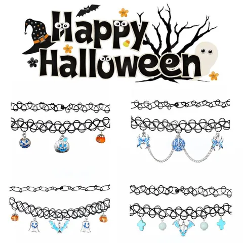 Halloween Luminous Tattoo Choker Set Plastic Resilient Fishing Line Glow In Dark Pumpkin Ghost Bat Spider Pendant Necklace Women Jewelry