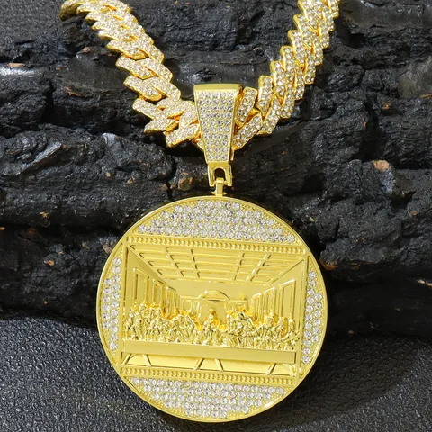 Hip Hop The Last Supper Relief Pendant Necklace Iced Out Rhinestone Cuban Link Chain For Men Alloy Gold Silver Plated Jewelry
