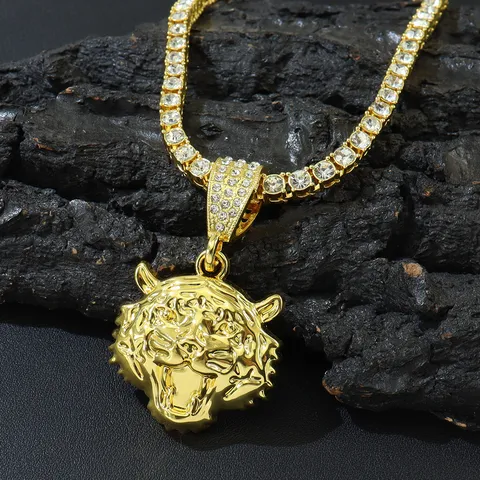 Hip Hop 3D Tigerkopf Anhänger Halskette Iced Out Strass Tennis Kette Legierung Tier Löwe Halskette Für Damen Herren Schmuck