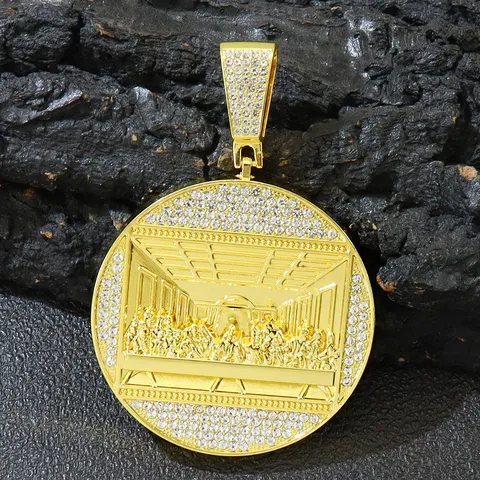 Hip Hop The Last Supper Relief Pendant Necklace Iced Out Rhinestone Cuban Link Chain For Men Alloy Gold Silver Plated Jewelry