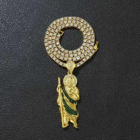 Hip Hop Sankt Judas Anhänger Halskette Für Herren Damen Iced Out Strass Tenniskette Zinklegierung Gold Silber Überzogen Religiöse Figur Schmuck