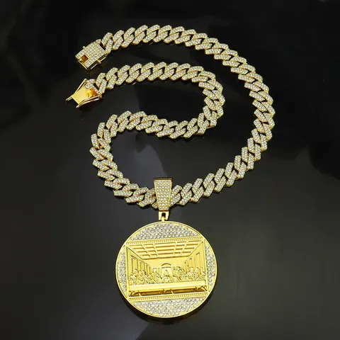 Hip Hop Zinklegierung Vollbesetzt Mit Strass Das Letzte Abendmahl Rund Anhänger Halskette Mit Panzerkette Streetwear Schmuck Für Herren Damen