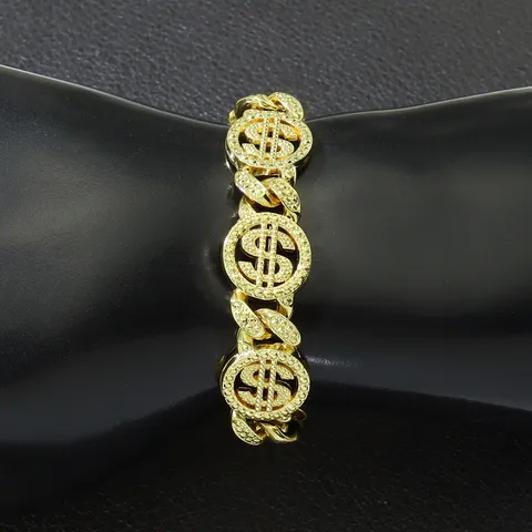 Hip Hop Iced Out Dollarzeichen Kubanisches Gliederkettenarmband Für Herren Gold Silber Vergoldete Zinklegierung Strass Armband Party Schmuck