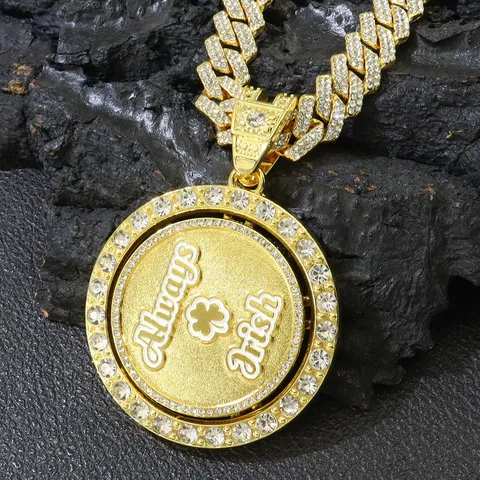 Hip Hop Drehbarer Runder Anhänger Halskette Always Irish Kleeblatt Zinklegierung Strass Panzerkette Für Herren Schmuck