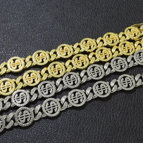 Hip Hop Iced Out Dollarzeichen Kubanisches Gliederkettenarmband Für Herren Gold Silber Vergoldete Zinklegierung Strass Armband Party Schmuck
