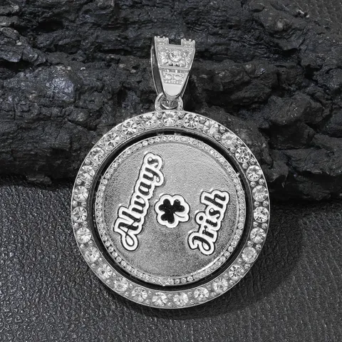 Hip Hop Drehbarer Runder Anhänger Halskette Always Irish Kleeblatt Zinklegierung Strass Panzerkette Für Herren Schmuck