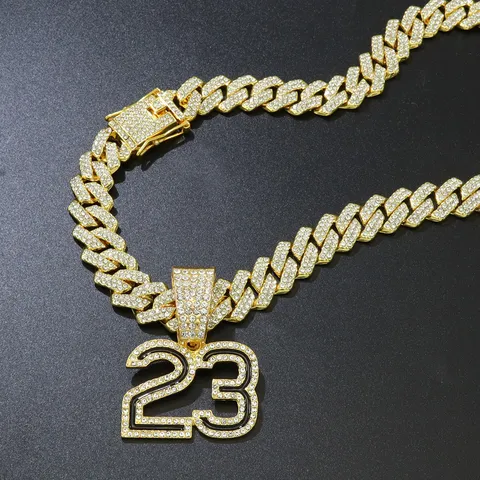 Hip Hop Vereiste Nummer 23 Anhänger Halskette Zinklegierung Strass Bling Cuban Gliederkette Für Herren Damen Streetwear Schmuck