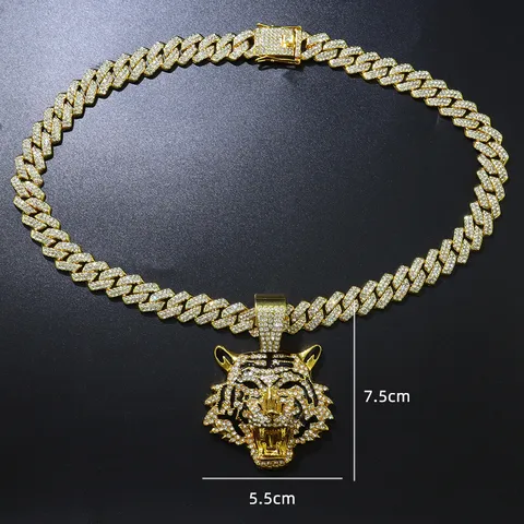 Hip Hop Punkrock Voller Strass Tigerkopf Anhänger Halskette Für Herren Damen Gold Silber Überzogene Legierung Panzerkette Schmuck